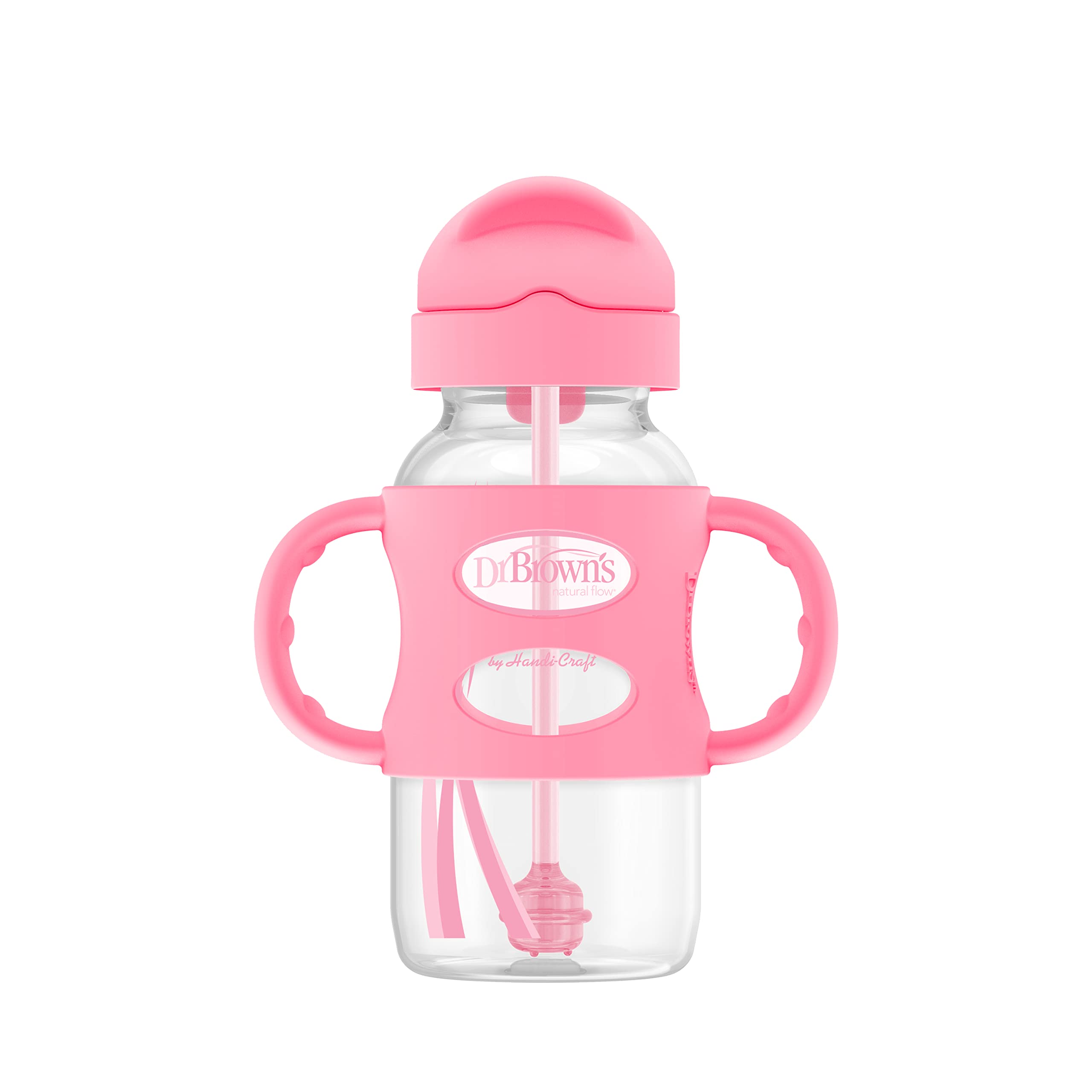 Dr. Brown's Wide-Neck Sippy Straw Bottle with Handles, Pink, 9oz/270ml, 1-Pack