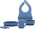 Lalo First Bites Silicone Baby Feeding Set - Baby Led Weaning Supplies - Non-Toxic Silicone - Includes 1 Bib, 2 Spoons, Training Cup, Suction Plate and Bowl - 6 Pieces - Blueberry