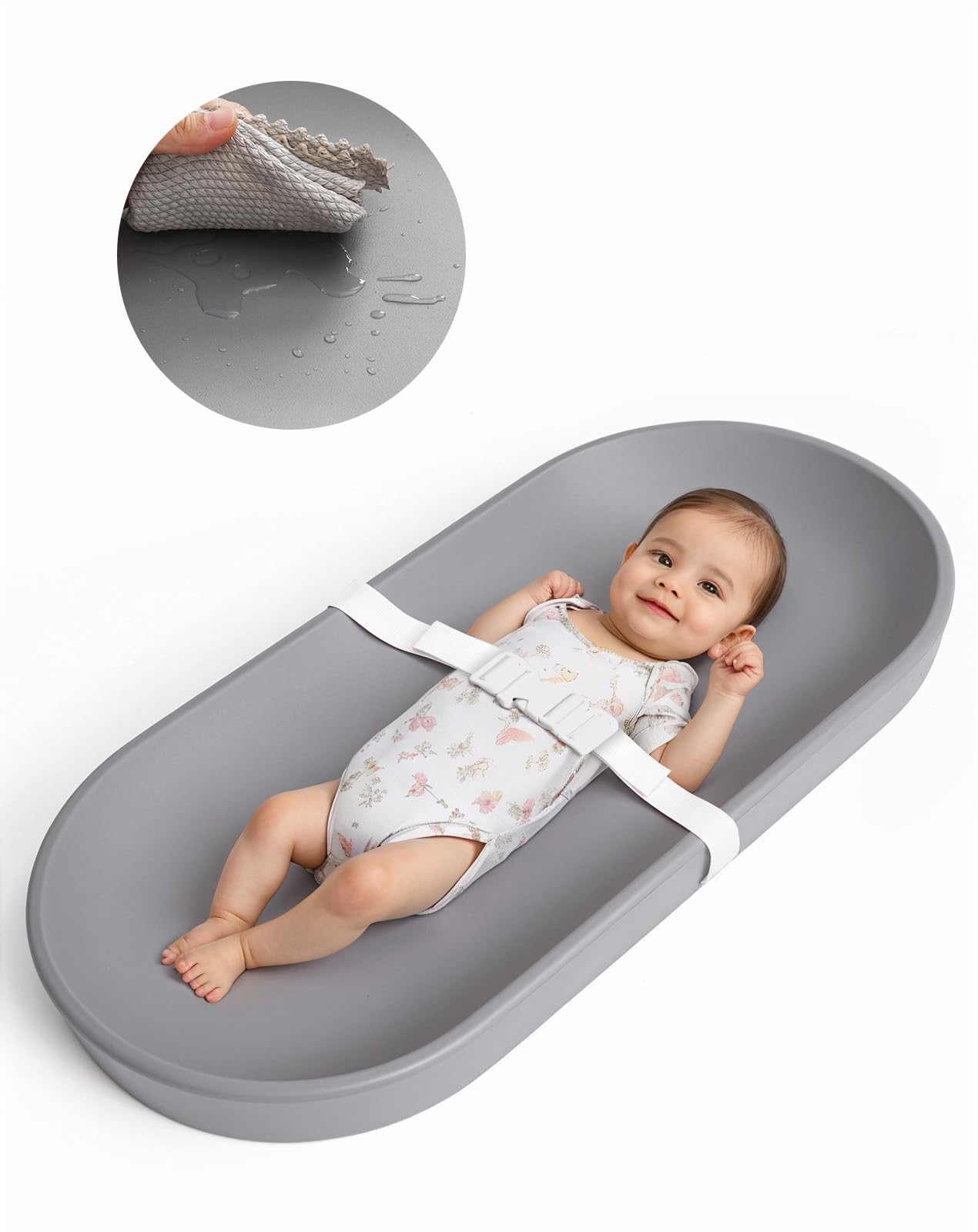 COMOMY Baby Changing Pad for Dresser - Wipeable Changing Pad with Restraining Belt, Waterproof, Soft, Lightweight and Portable, Easy to Clean for On The Go Diaper Change, Grey