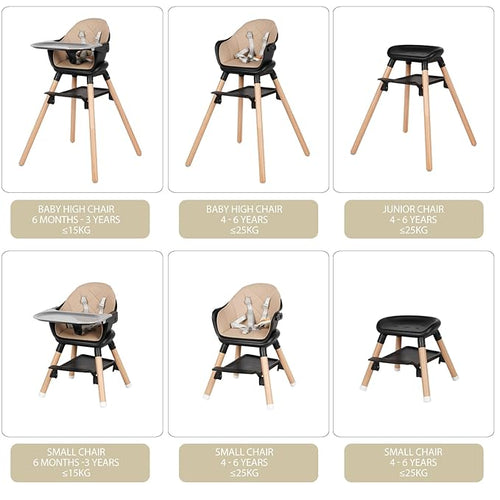 6 in 1 Baby High Chair, Convertible Wooden High Chairs, Black