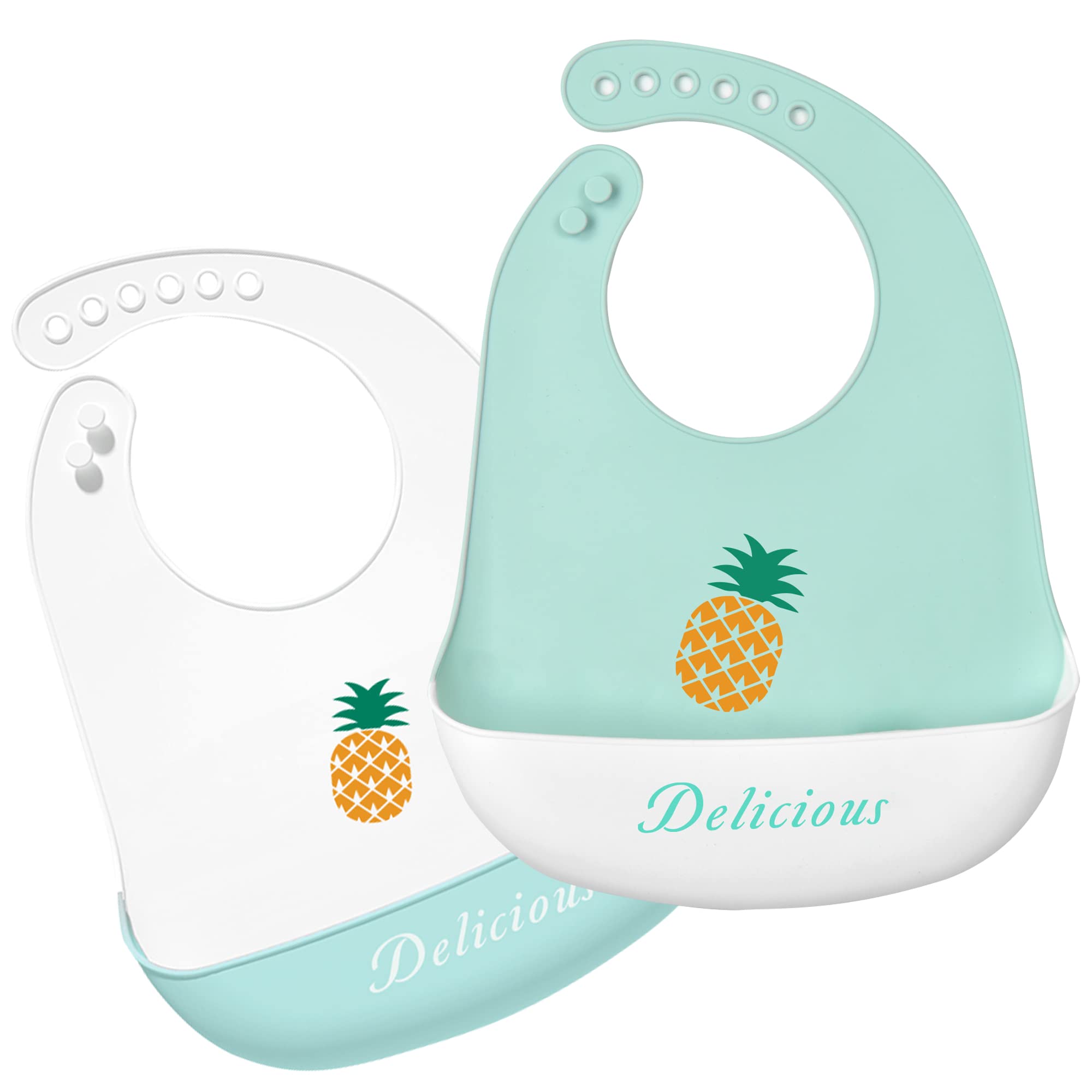 Eimmabey Silicone Bibs for Babies and Toddlers 2 Sets Feeding Bibs for Boy and Girl, Adjustable Soft Waterproof Bibs with Food Catcher Pineapple