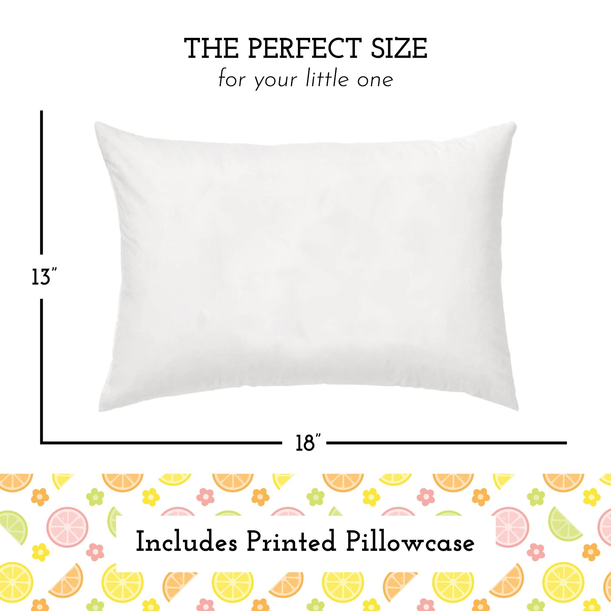 Toddler Bed Pillow with Cotton Pillow Case – 13x18 Kids Pillows for Sleeping, School, Travel & Daycare – Hypoallergenic Toddler Pillow 2 Year Old to 5 with Envelope Pillowcase (Citrus Blossom)