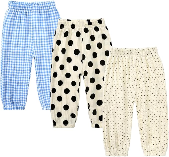 MYGBCPJS Boys Girls 3 Pack Cotton Linen Long Bloomers Graphic Printed Trousers Ankle Length Kids Thin Elastic Waist Pants