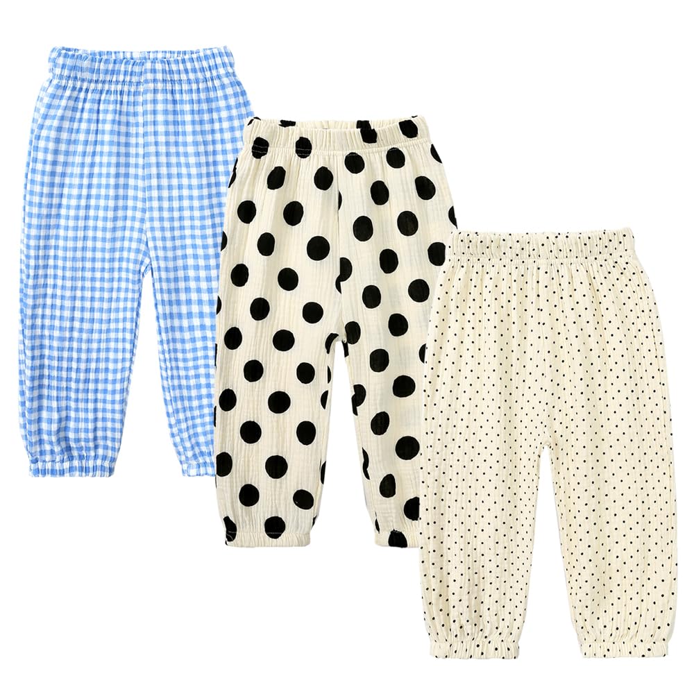 MYGBCPJS Baby Boys Girls 3 Pack Cotton Linen Long Bloomers Ankle Length Trousers Kids Lightweight Elastic Waist Harem Pants