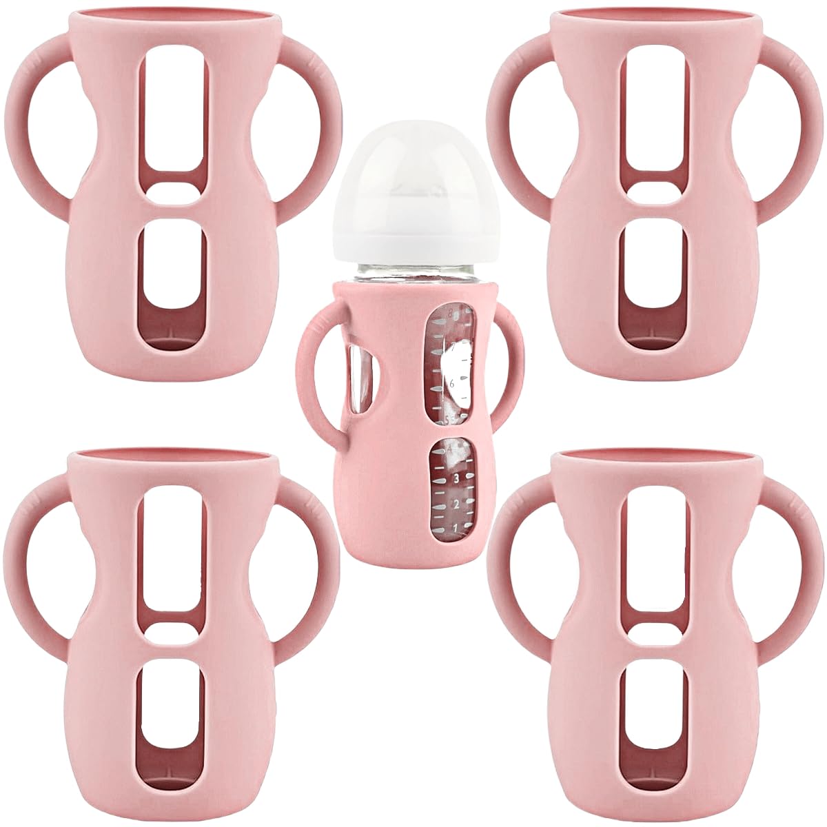 4-Pack Silicone Sleeves with Handles for Avent Glass Bottles, 8 OZ, Pink