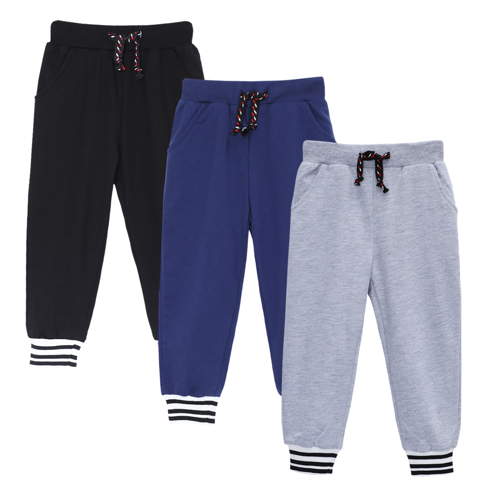 HILEELANG Boys Jogger Pants Cotton Sweatpants 3 Pack Pockets Black