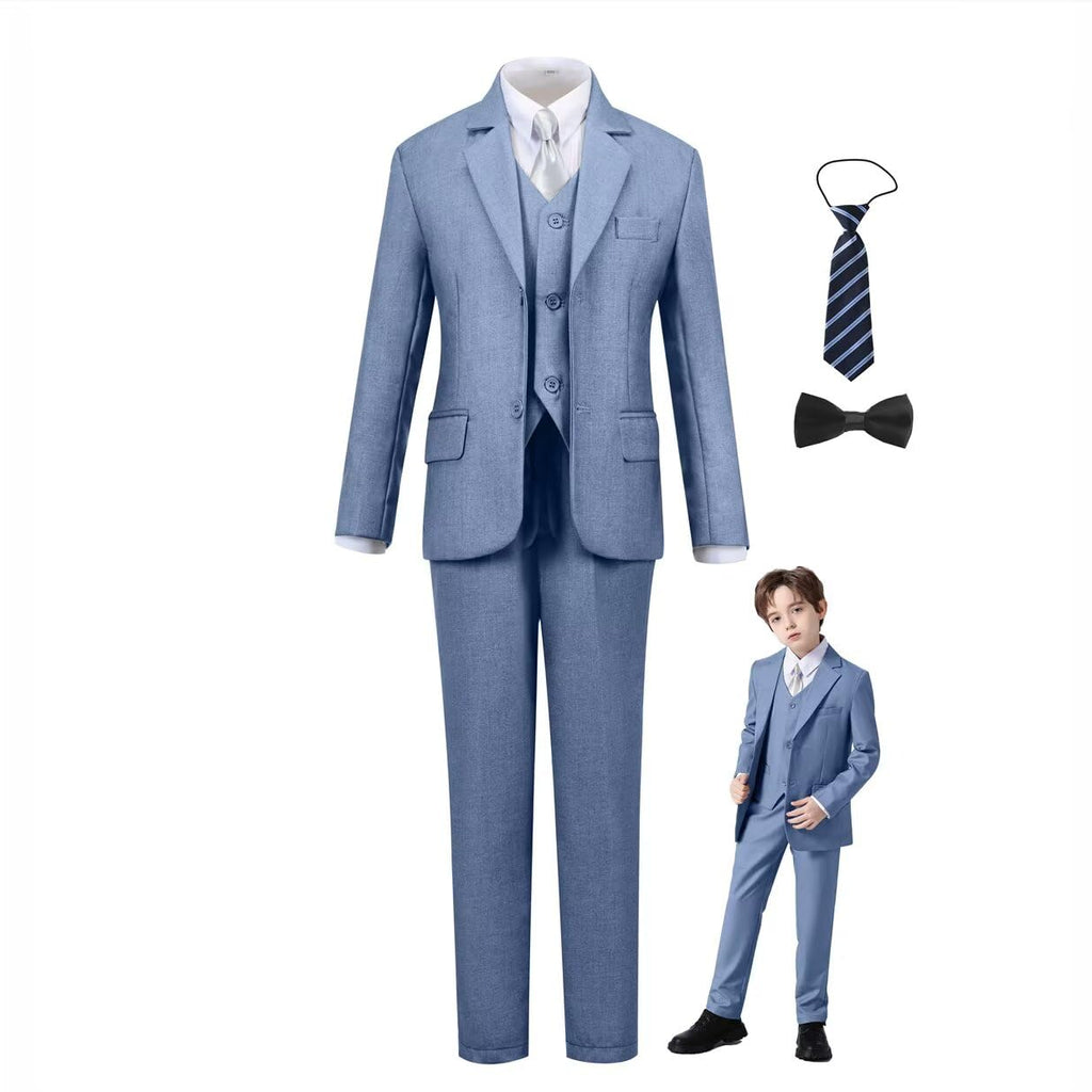 Boys Suit 6 Piece Formal Tuexdo Suit Set Boy Dress Outfit Blue Grey 4