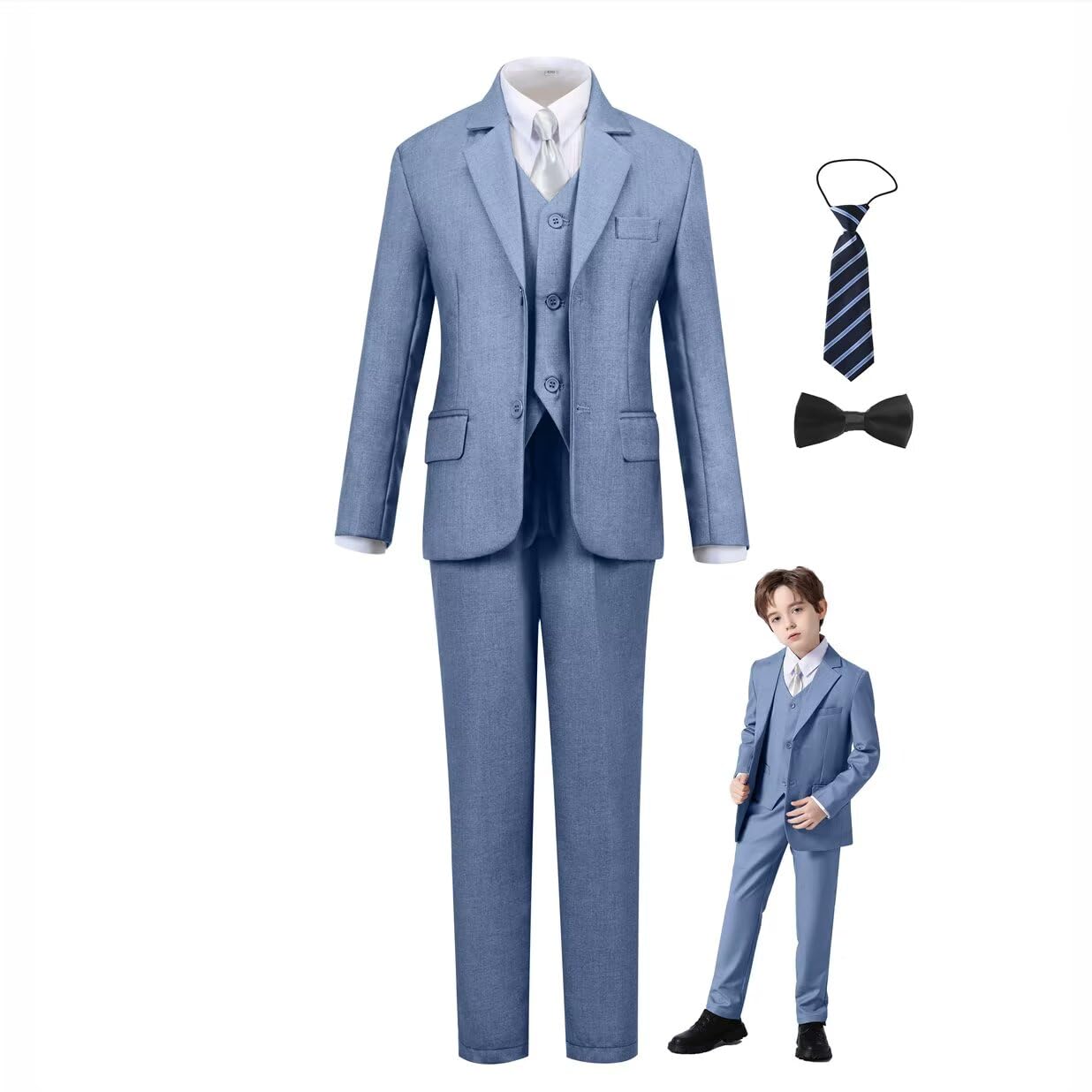Boys Suit 6 Piece Formal Tuexdo Suit Set Boy Dress Outfit Blue Grey 4