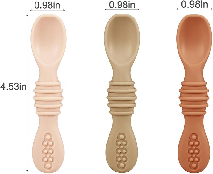 PandaEar 3 Pack Toddler Plates with 3 Spoons, 100% Silicone Divided Suction Plate for Babies, BPA-Free, Dishwasher and Microwave Safe -Pink/Brown/Brick red