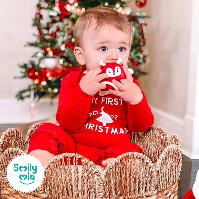 Baby Christmas Stocking Stuffers-Smily Mia Penguin Buddy and Reindeer 2 in 1 Christmas Gift/Toy Set for 0-12 Months Teething Babies, Teeting Mittens For Babies, Infant Christmas Gift Box-Christmas Red