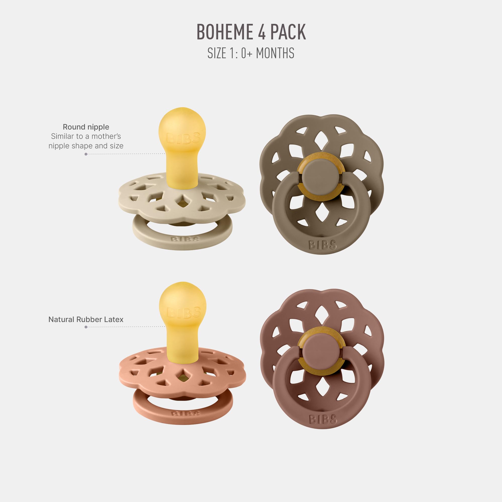 BIBS Boheme Soother 4-Pack. BPA Free Dummy Pacifier, Round Nipple. Natural Rubber Latex, Made in Denmark. 0-6 Months (Pack of 4), Peach Mix