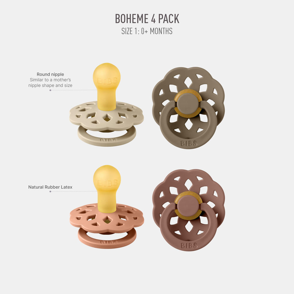 BIBS Boheme Soother 4-Pack. BPA Free Dummy Pacifier, Round Nipple. Natural Rubber Latex, Made in Denmark. 0-6 Months (Pack of 4), Peach Mix