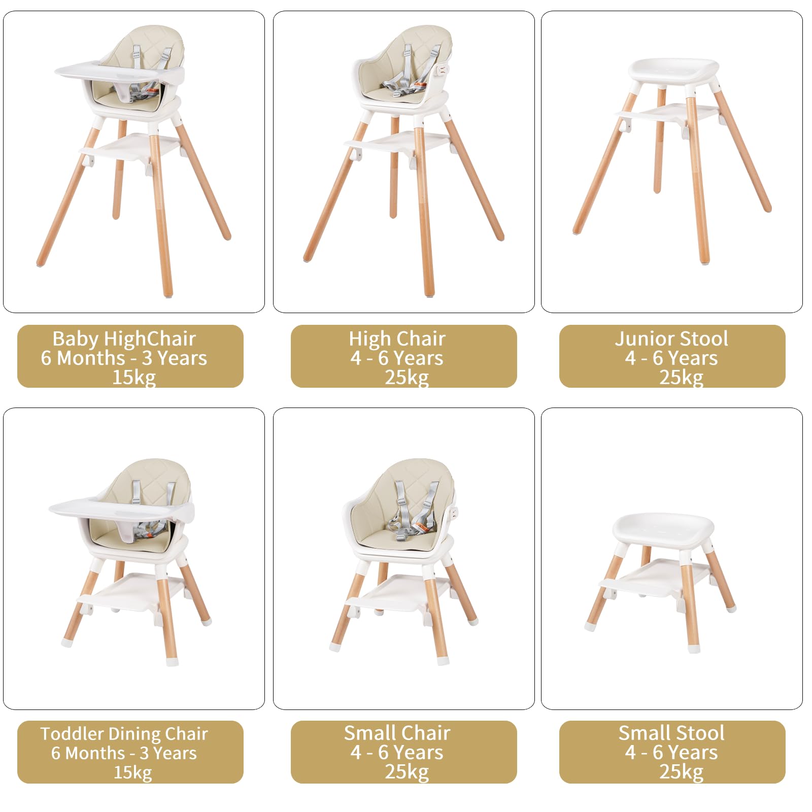 6 in 1 Baby High Chair, Convertible Wooden High Chairs, Beige