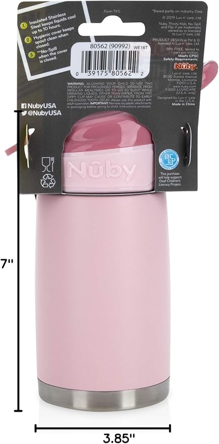 Nuby Thirsty Kids No Spill Flip-It Reflex Stainless Steel Travel Cup or Water Bottle - 10 Oz - 18+ Months - Pink - Back to School Essentials