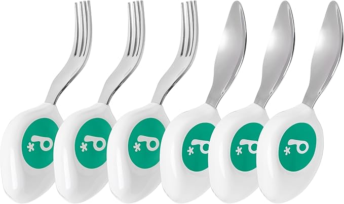 doddl Toddler Utensils, Ergonomic Fork and Spoon Set for Self Feeding, Stainless Steel Silverware for 1-3 Year Olds, BPA Free, Dishwasher Safe (Aqua (Triple Pack))