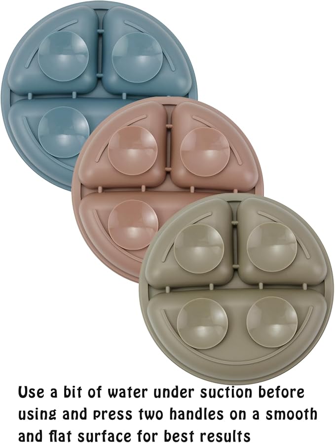 PandaEar Baby Feeding Set, 3 Pack Toddler Plates with 3 Spoons, 100% Silicone Divided Suction Plate for Babies, BPA-Free, Dishwasher and Microwave Safe -Blue/Red/Brown
