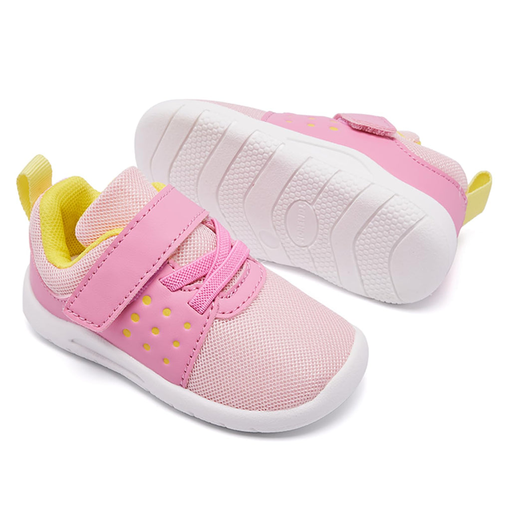 MORENDL Toddler Baby Shoes 0-4 Years Boy Girl Lightweight Breathable Non-Slip Sports Sneakers Running Walking Tennis Barefoot Shoes Pink Yellow 12-15Months