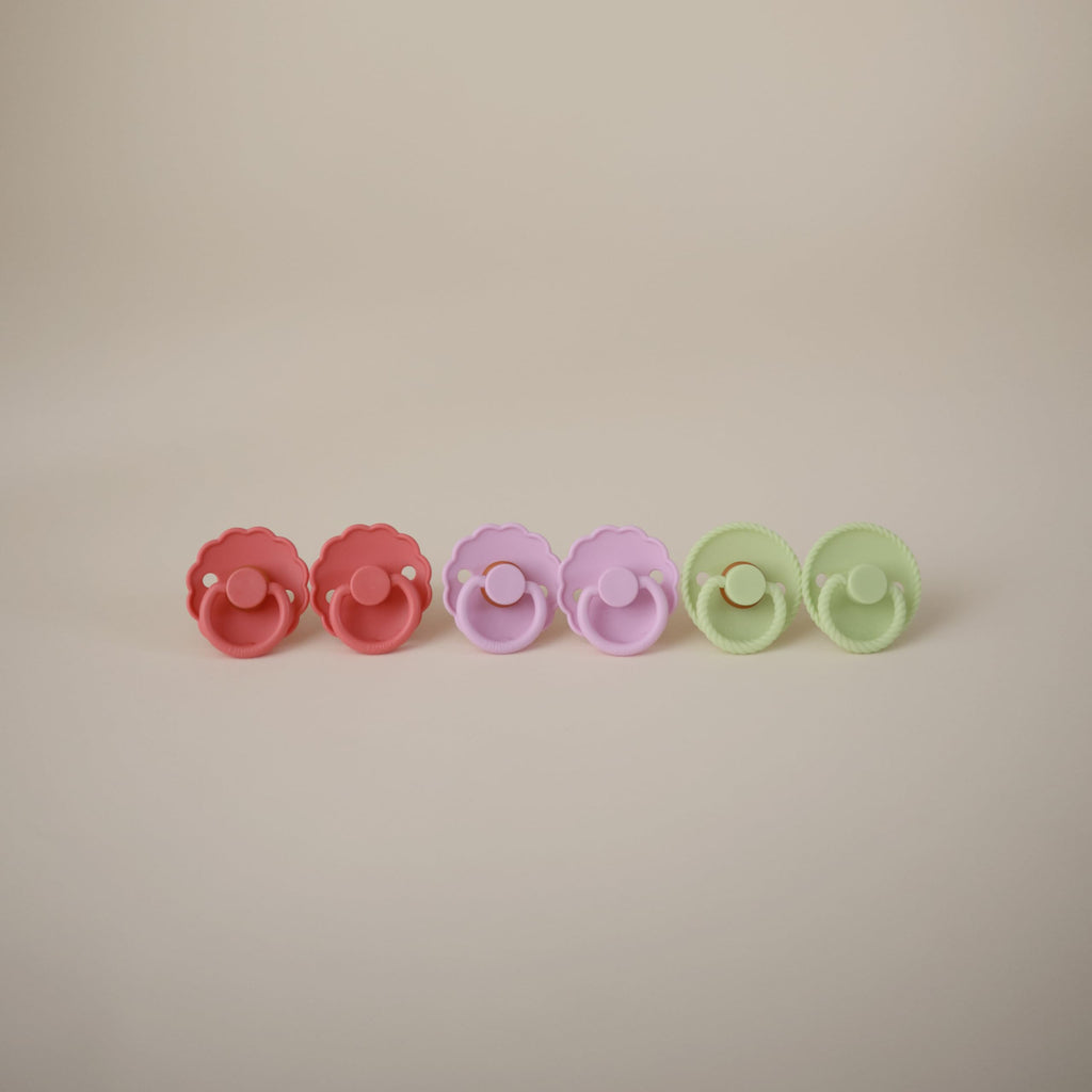 FRIGG Daisy Natural Rubber Baby Pacifier | Made in Denmark | BPA-Free (Cream/Poppy, Size 1) 2-Pack