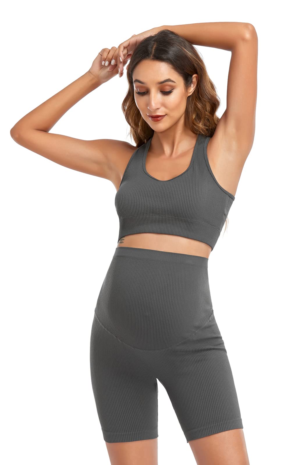 Lataly Women's Maternity 2 Piece Outfit Set - Bra & Shorts for Pregnancy - Yoga workout Lounge Wear Sets