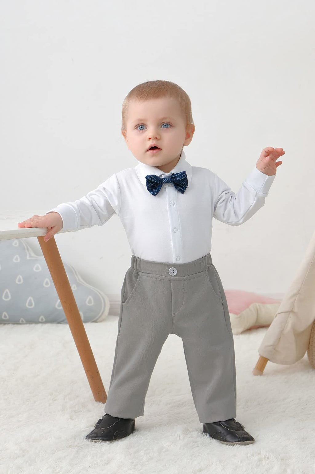 DISAUR Suit for Baby Boy Ring Bearer Outfit Long Sleeve Infant White Shirt Gray Vest Pants Bow Tie 1t 12 18 Months