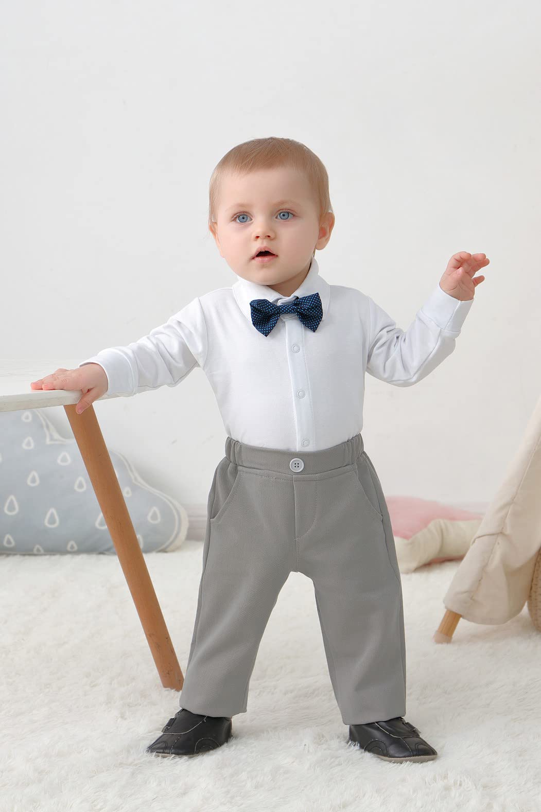 DISAUR Suit for Baby Boy Ring Bearer Outfit Long Sleeve Infant White Shirt Gray Vest Pants Bow Tie 1t 12 18 Months
