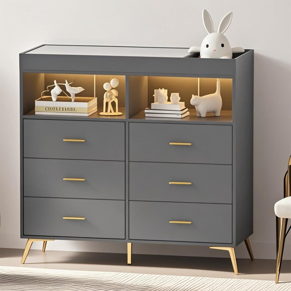 Babevy Changing Table Dresser with Drawers, Baby Dresser with Changing Table Top, Power Outlet, LED Light & Metal Feet, Diaper Changing Station Nursery Organizer for Infants Newborn (Grey)