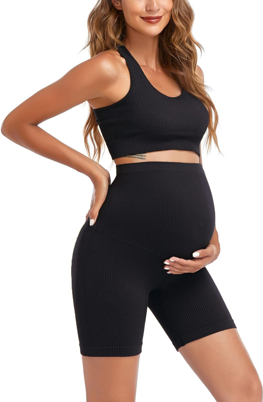 Lataly Women's Maternity 2 Piece Outfit Set - Bra & Shorts for Pregnancy - Yoga workout Lounge Wear Sets