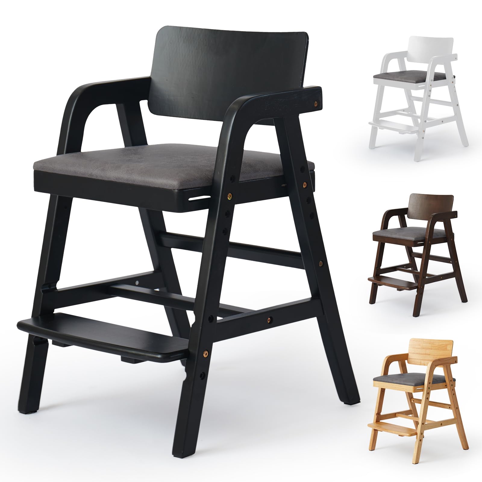 Leesinwing Wooden High Chair for Toddlers, Adjustable Feeding Chair, Black