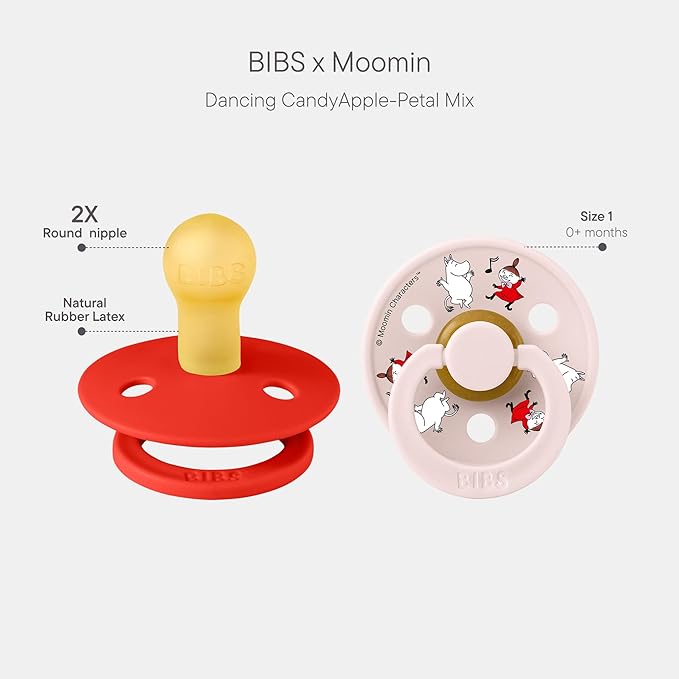 BIBS Colour Moomins Pacifier 2-Pack, BPA Free Pacifier, Round Nipple. Natural Rubber Latex, Made in Denmark, Size 1 (0-6 Months), Candy Apple/Petal