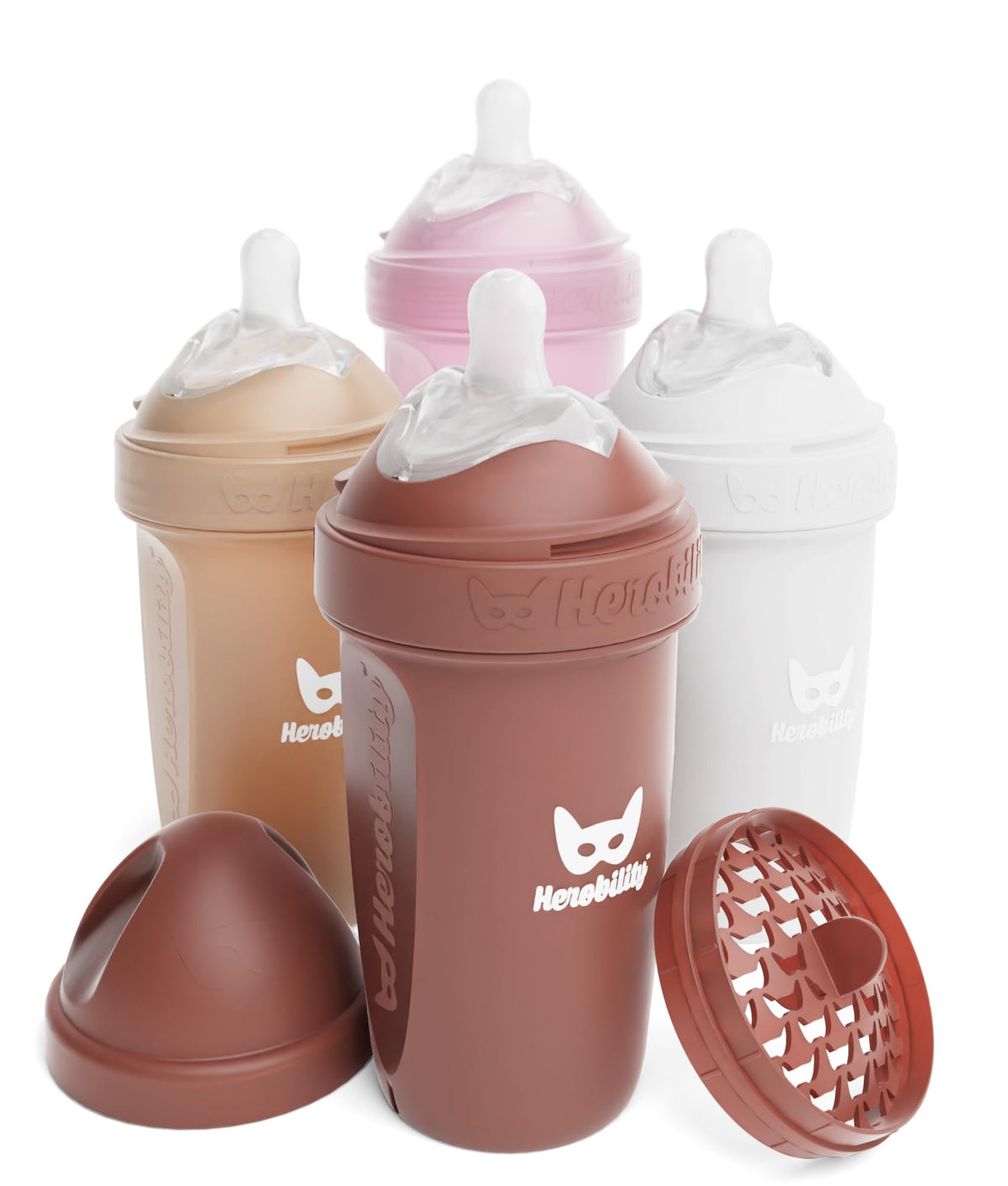 Herobility Anti-Colic Baby Bottles 8.5 fl oz/240ml - Pack of 4 Plastic Baby Bottles, Slow Flow Plastic Bottles, Breast-Shaped Teat for Breastfed Babies, – Multicolor - White, Gray, Iron Blue, Blue