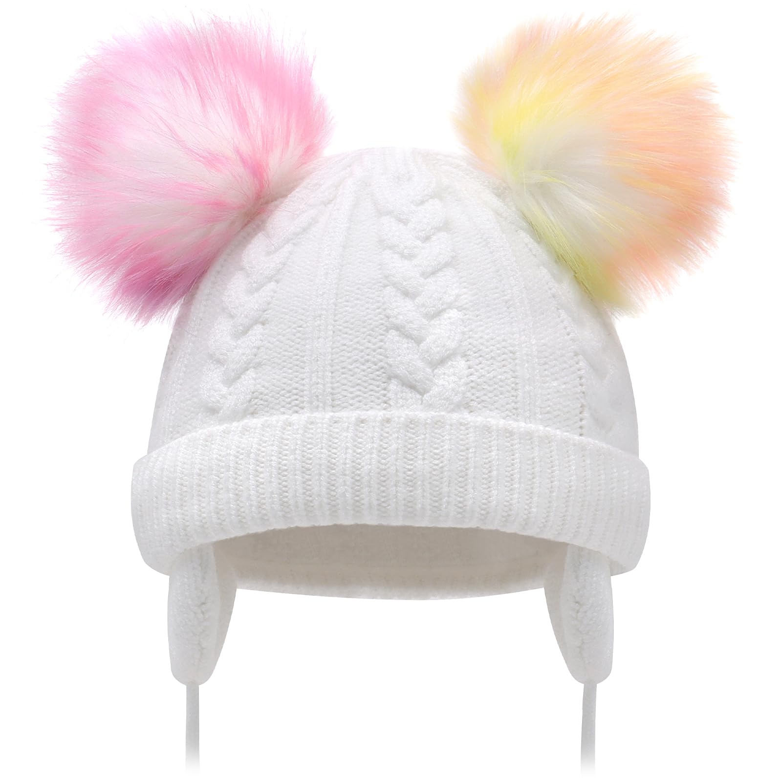 Duoyeree Toddler Winter Hat, Earflap Double Pom Pom Knit Beanie 0-36M