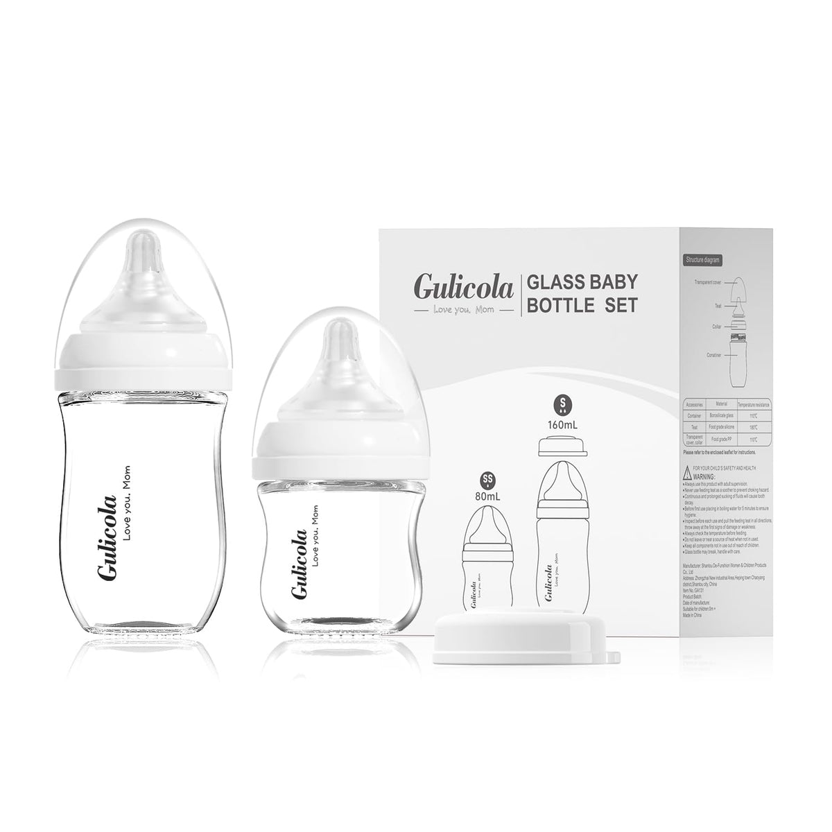 Gulicola Natural Glass Baby Bottles Set 4 Pack, Newborn Boy Breastfeeding Bottles with Slow Flow Nipples, 0 Months+, 3 oz & 5 oz - Black/White