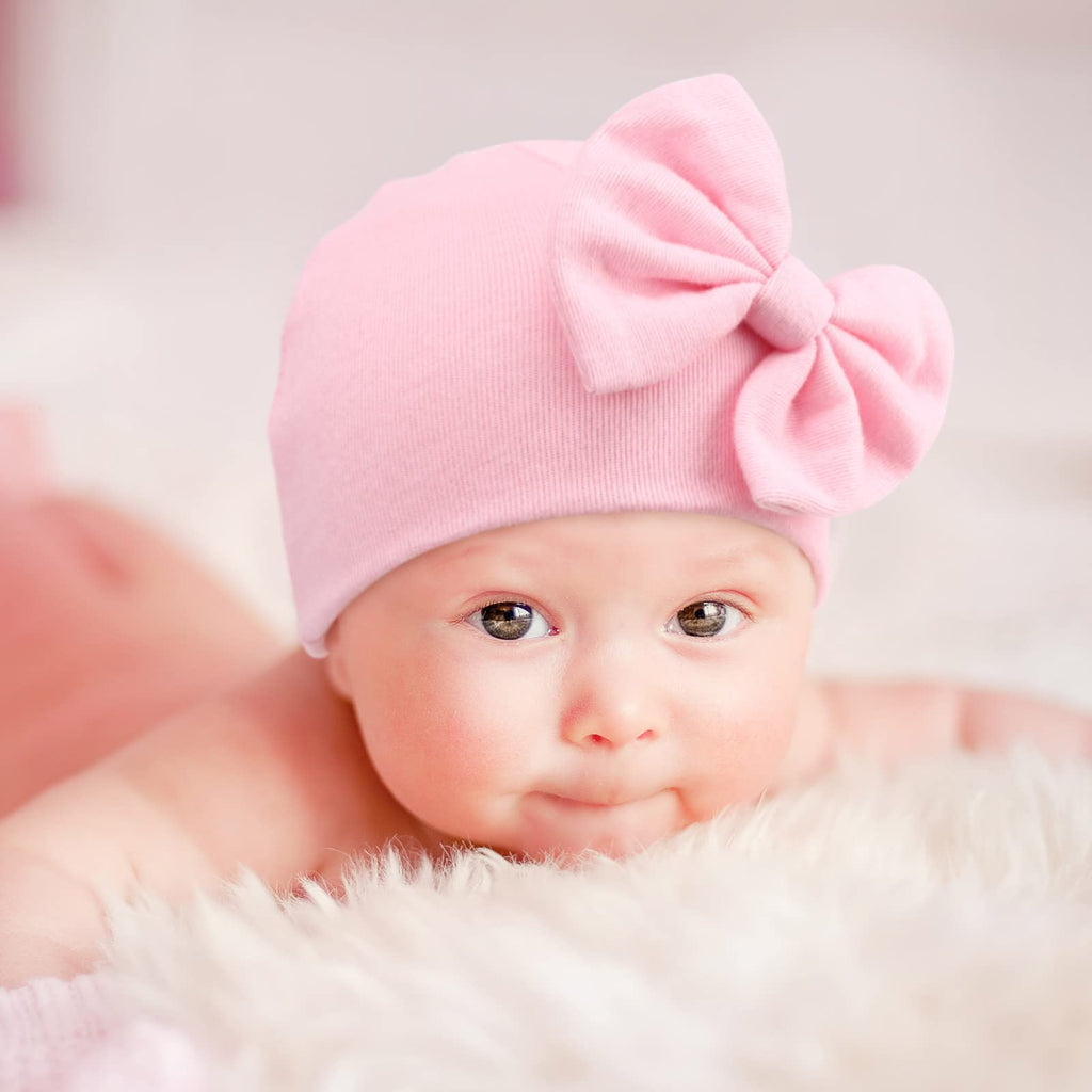 DRESHOW BQUBO Newborn Baby Girls Hats Mittens Set Hospital Hat Beanie Infant Bow Hats Baby Cotton Gloves No Scratch Mittens for 0-6 Months