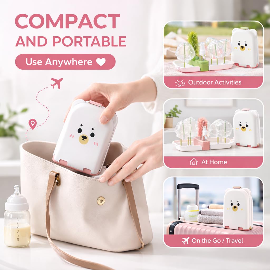 Travel Bottle Cleaner kit, 7in1 Baby Travel Gear Essential Silicone Travel Bottle Brush Set Nipple Drying Rack, Straw Breast Pump Cleaning Soap Dispenser Organizer Case Mon Gift (Pink)