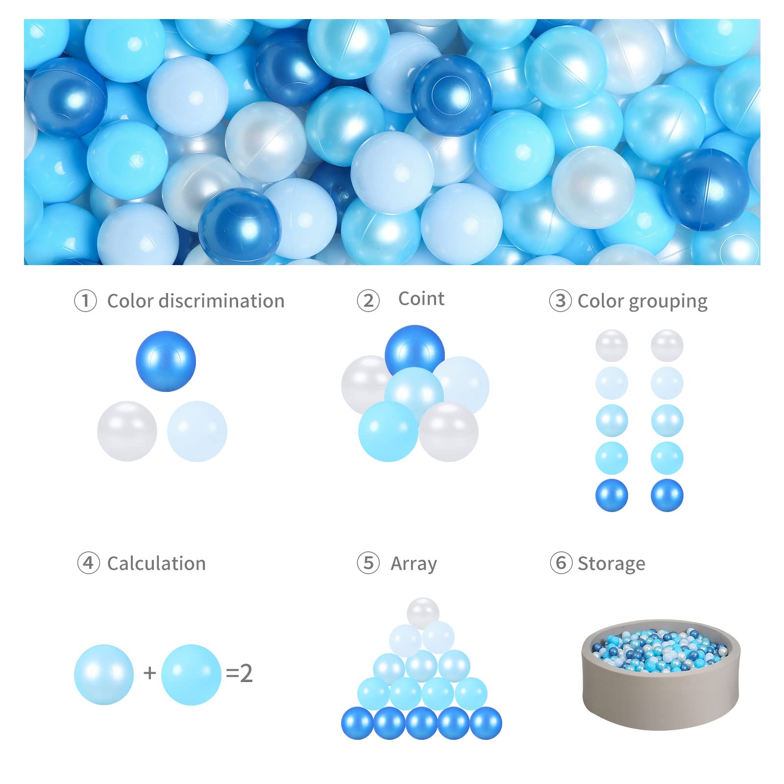 GOGOSO Ball Pits Balls Toddlers 50 100 200 500 Plastics Shape Ball Non-Phthalate Non-BPA Non-Toxic 2.2-Inch Crush Proof Play Balls,Pearl Blue Colors, 200 Balls