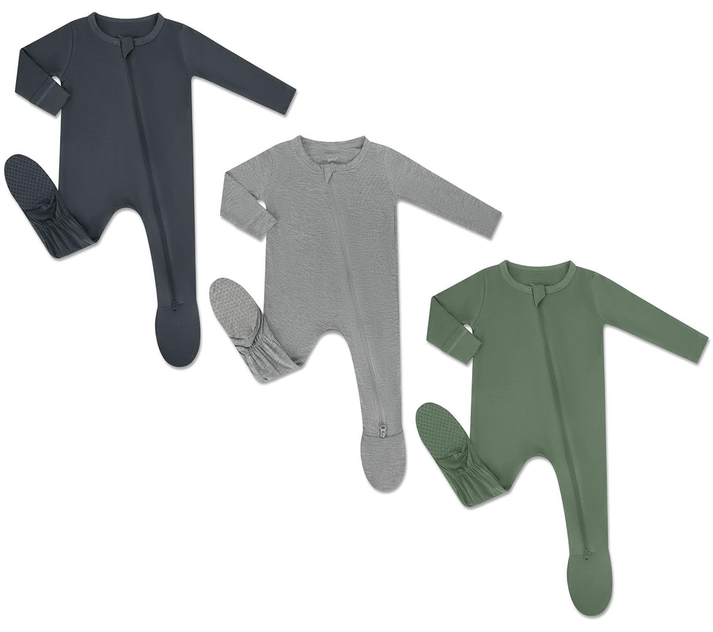 HAPIU Rayon from Bamboo Baby Footed Pajamas, 2 Way Premium Zipper, Footie for Baby Boy Girls, Newborn-24 Months, 3-Pack, Light Heather Grey&Dark Grey&Dark Forest Green,Newborn