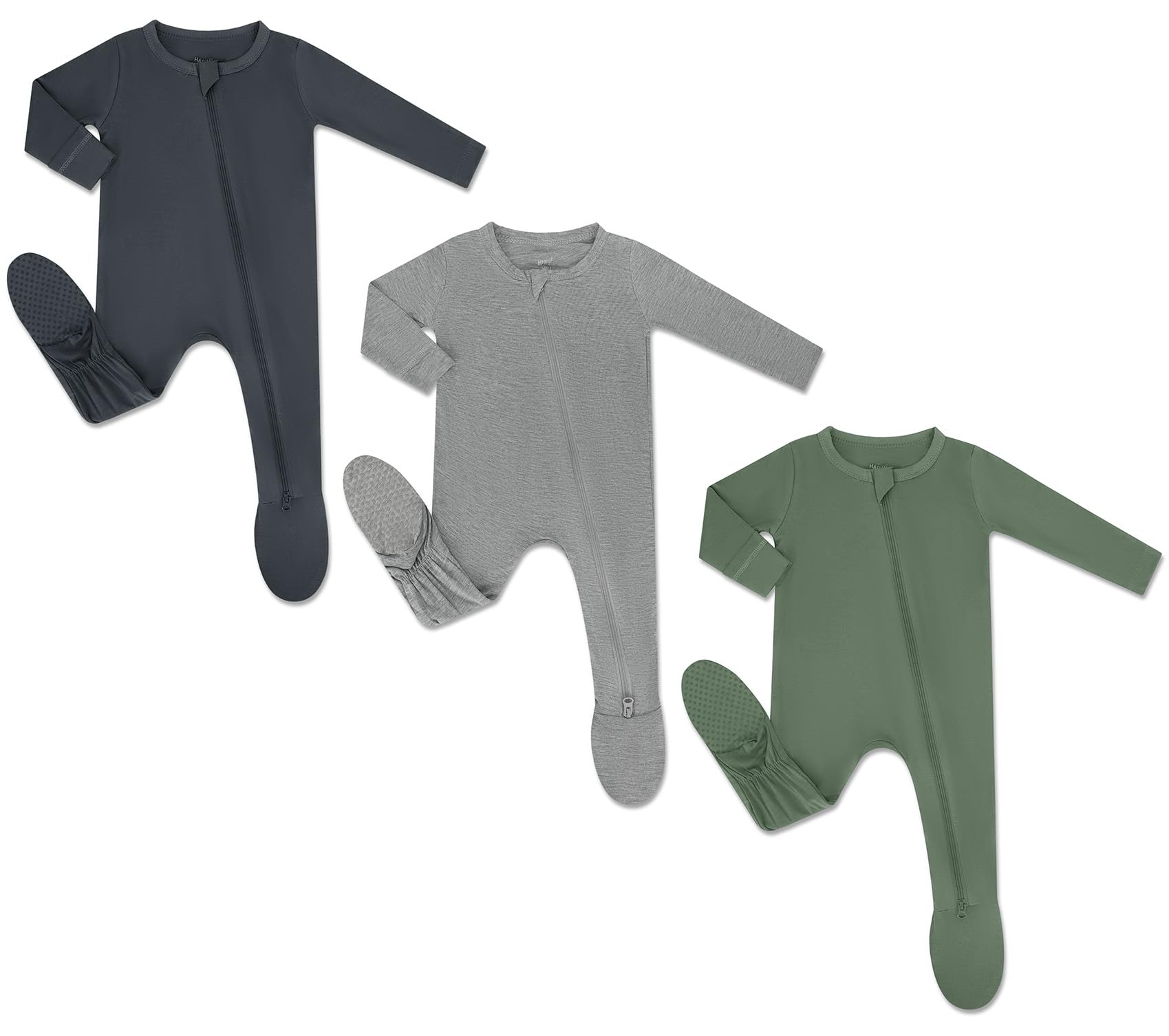 HAPIU Rayon from Bamboo Baby Footed Pajamas, 2 Way Premium Zipper, Footie for Baby Boy Girls, Newborn-24 Months, 3-Pack, Light Heather Grey&Dark Grey&Dark Forest Green,Newborn