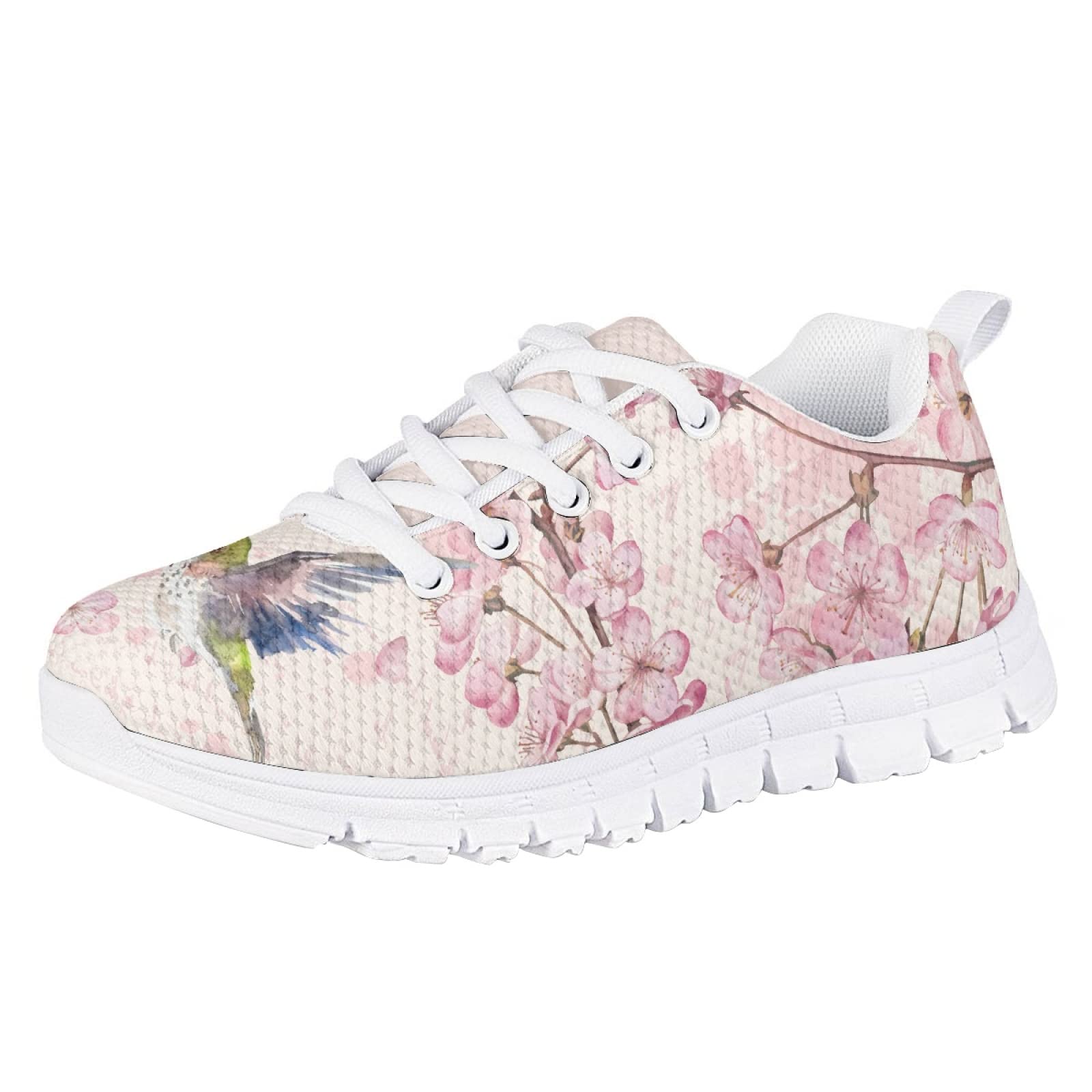 MARSVOVO Toddler Girl Sneakers Lightweight Breathable Athletic Slip On Girl Running Shoes Comfortable Resistant Sport Pre Walking Shoes for Boy Girl Hummingbird and Pink Flower Design Size 11 US