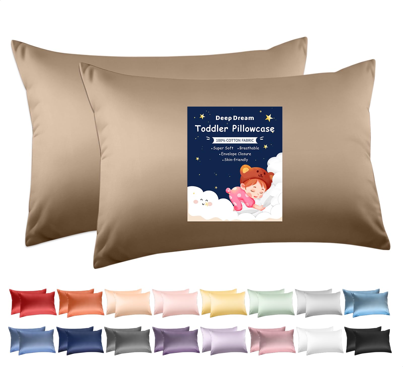Deep Dream Toddler Pillowcases for 13x18 Pillow 2 Pack, 100% Cotton Travel Pillow Case Cover, 600 Thread Count Cotton 13x18 Pillow Covers, Soft & Breathable Pillow Cases with Envelope Closure, Khaki