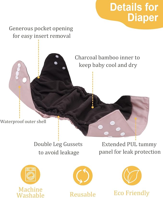 babygoal Reusable Charcoal Cloth Diapers with Double Gussets, 6 Pack Washable Baby Pocket Diapers with 6pcs Charcoal Inserts and Wet Dry Bag(Neutral Color)