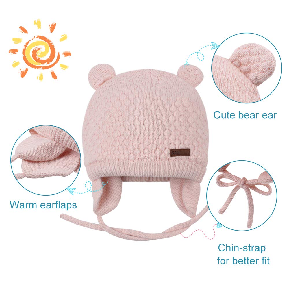 BAVST Baby Toddler Winter Beanie Warm Boys Girls Earflap Hat Infant Knit Caps Cute Bear Soft Cotton Lining for 0-36M (Pink, L(12-36M))