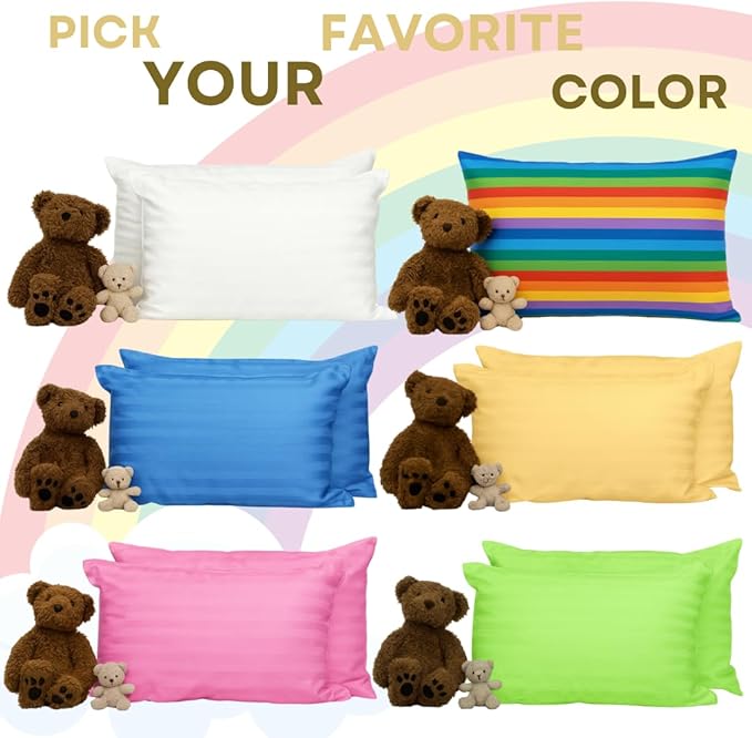 kinder Fluff Children Pillow (2Pack) 14x20in - Junior Pillows for Kids Age 4+, 100% Cotton Sateen Stripes Shell 300T, Down Alternative Fill, Machine Washable - Children & Travel Cushion - Yellow - M