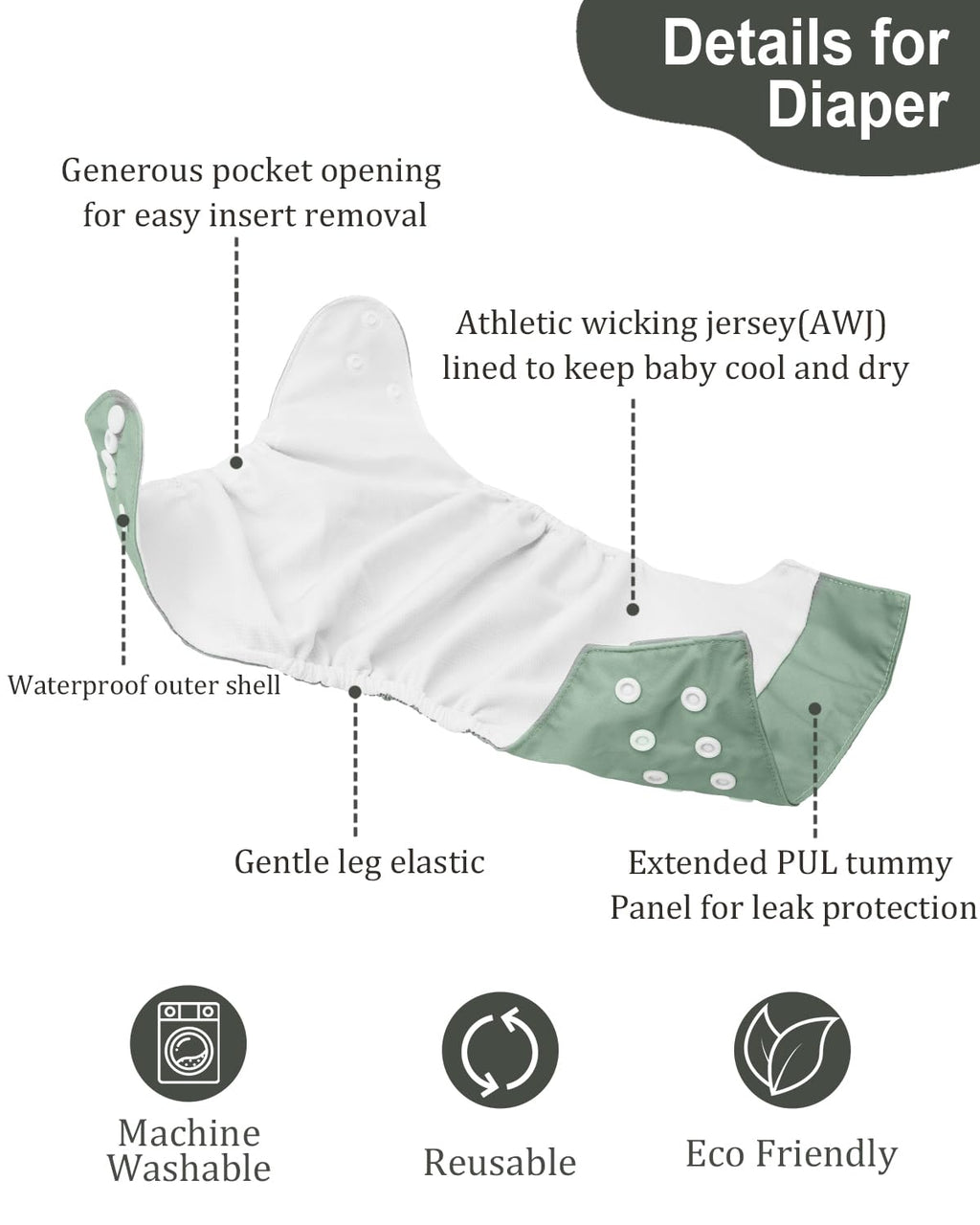 babygoal AWJ Cloth Diapers with Tummy Panel Pack of 7, 3 Diaper Cover with 3 Inserts and Wet Dry Bag, Adjustable Washable Reusable for Baby Girls and Boys