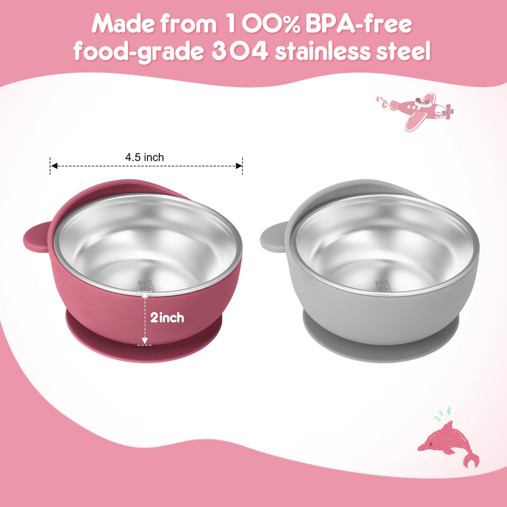 Wesketch 2 Pack Stainless Steel Baby Bowls with Suction, Toddler Bowls with Removable Silicone Shell for Kids, Non-Slip Toddler Baby Feeding Set Dishwasher Safe-Gray & Red