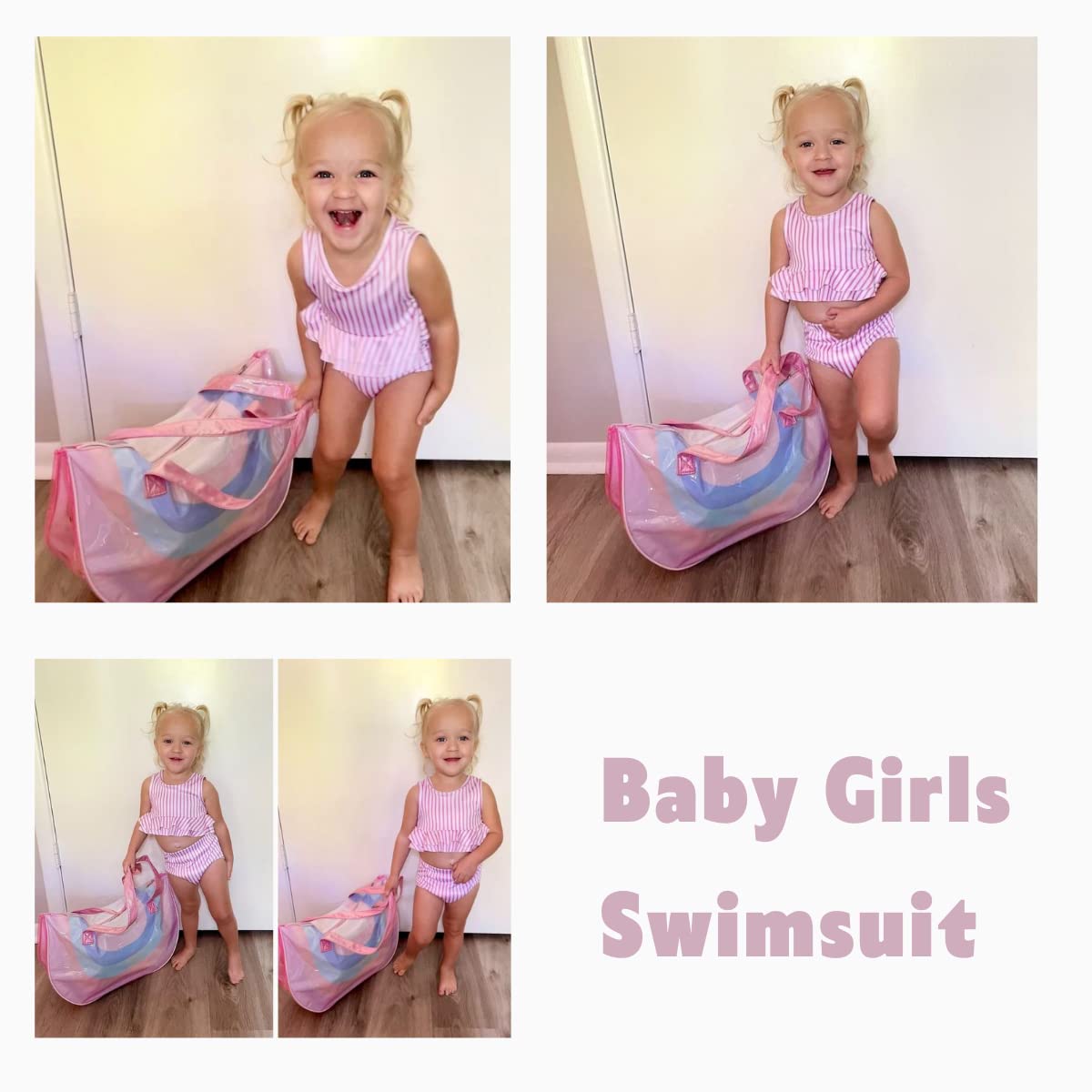 Aalizzwell Toddler Little Girls Swimsuit Two Piece Striped Ruffle Bathing Suit Bikini Tops Bottoms Swimming Suit Swimwear Beach Wear Pink 2T - 3T
