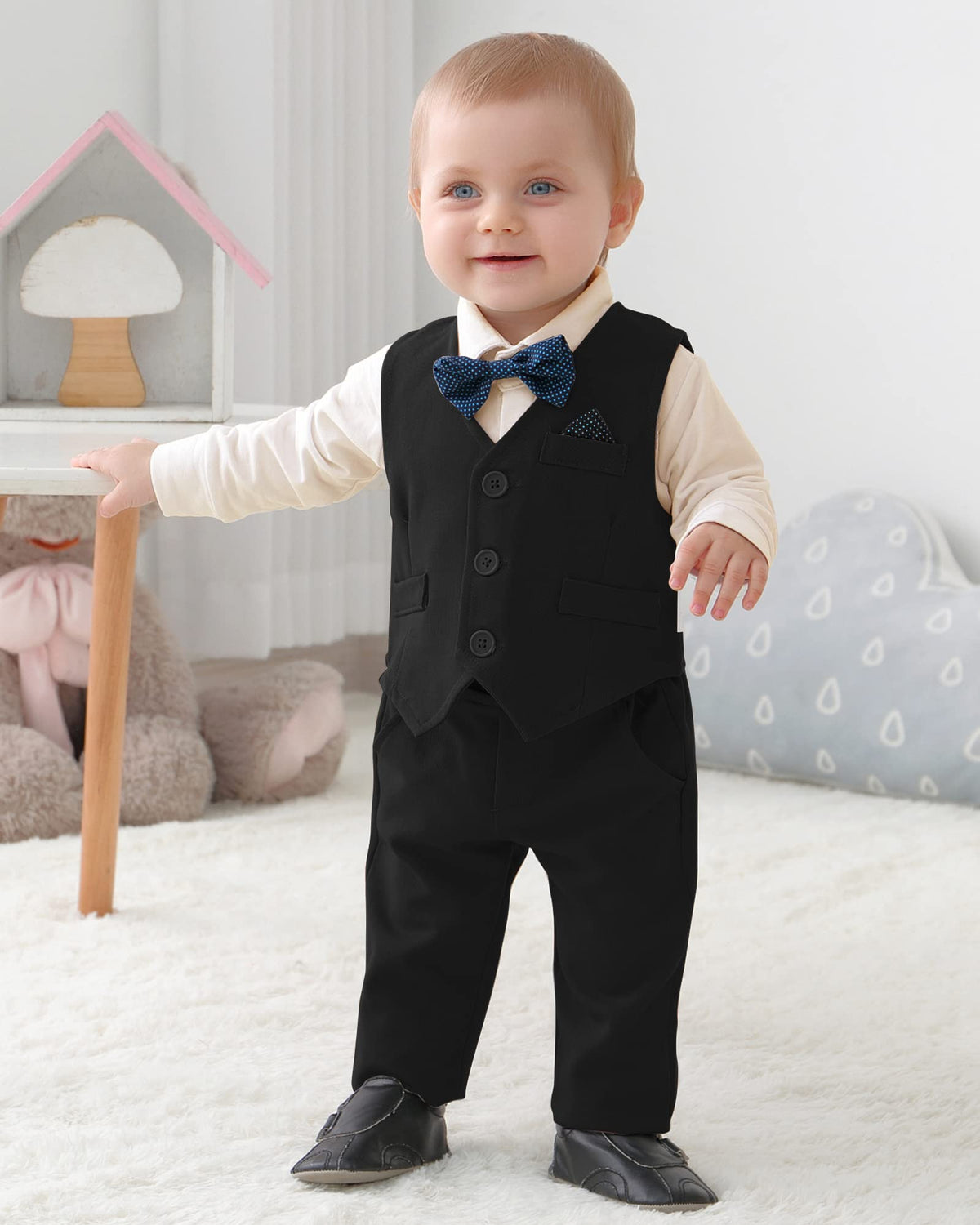 DISAUR Suit for Baby Boy Ring Bearer Outfit Long Sleeve Infant White Shirt Gray Vest Pants Bow Tie 1t 12 18 Months