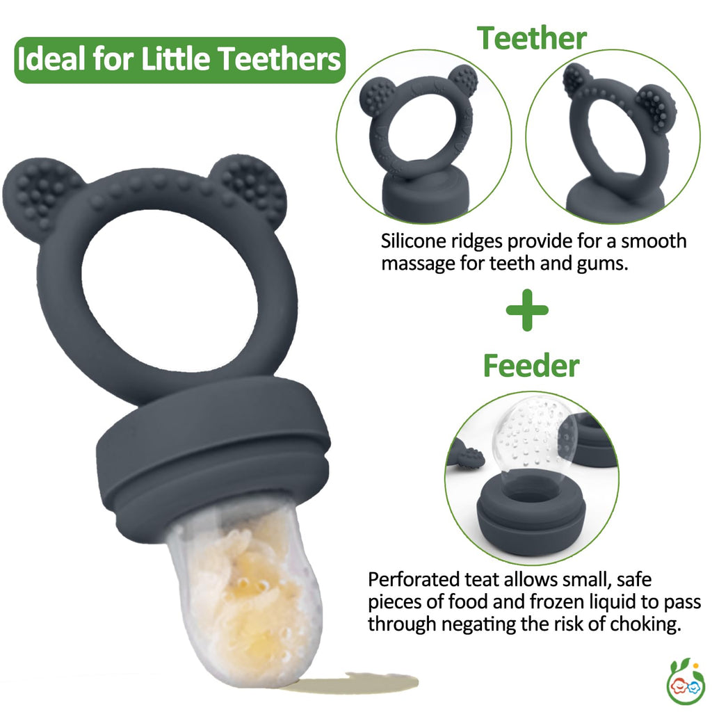 JEXFUN Silicone Baby Food Feeders + Freezer Tray for Batch Prep, Introduce New Foods Safely, Double as Silicone Teething Toys, BPA Free Silicone Feeder for Safe Infant Self Feeding - (Dark Grey)