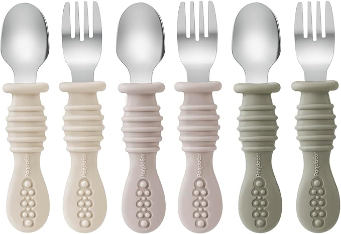 PandaEar 6 Pack Toddler Fork and Spoon Utensil Set, Baby Silicone Stainless Steel Silverware Spoon Fork for Babies Kids, BPA Free (Walnut&Linen&Brown)