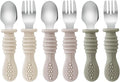 PandaEar 6 Pack Toddler Fork and Spoon Utensil Set, Baby Silicone Stainless Steel Silverware Spoon Fork for Babies Kids, BPA Free (Walnut&Linen&Brown)