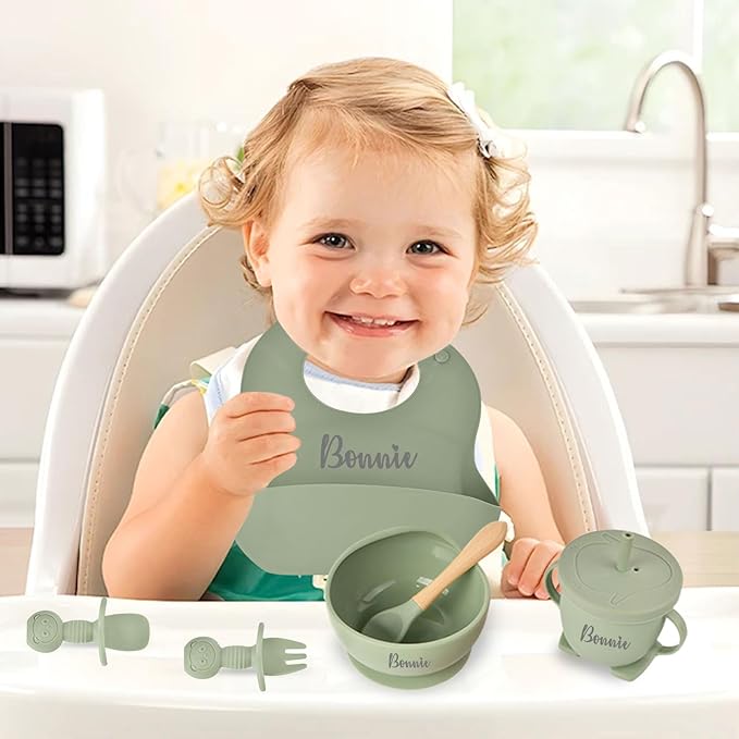 Personalized Silicone Baby Feeding Set with Name, Customized Baby Led Weaning Supplies Self Feeding Eating Utensils with Spoon, Fork, Silicone Suction Bowls, Cup, Plate Mint Green